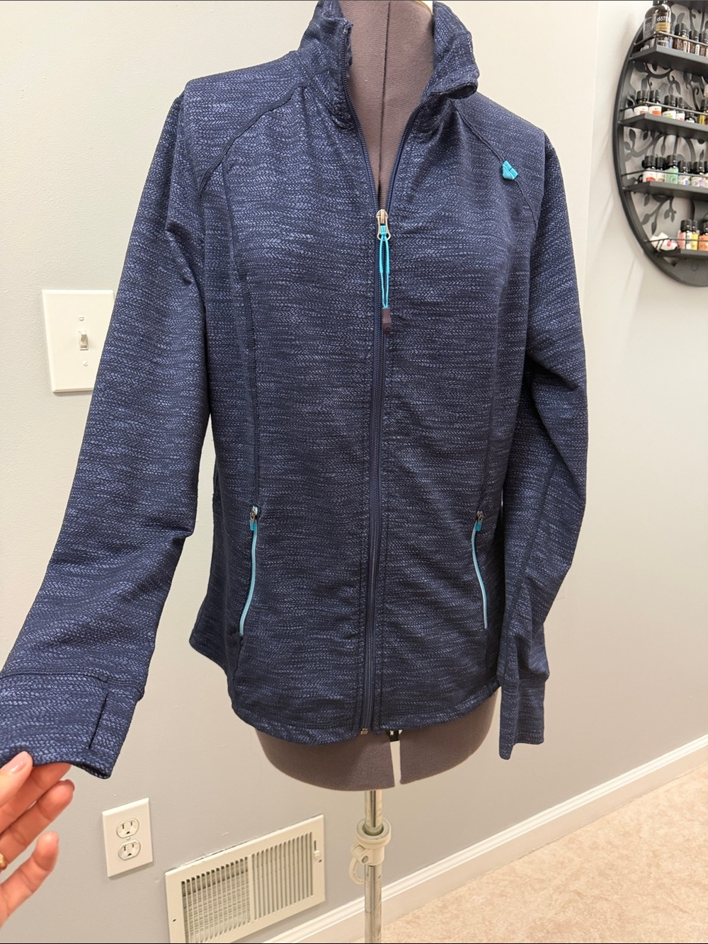 Tangerine Navy Heather Bomber Jacket with Aqua Zipper Accents